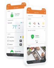 Two smartphones displaying the Alarm.com app’s home automation interface, including thermostat control, security system status, and live camera feeds for a connected home.