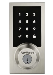 smart lock for front door that has a black key pad, outlined in a silver metal with a lock under the keypad.