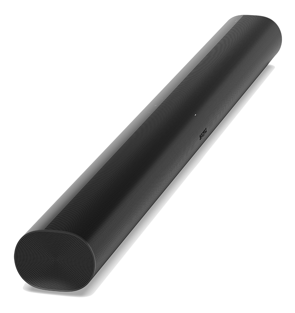 Sonos arc voice control soundbar that is black, and a long oval shape.