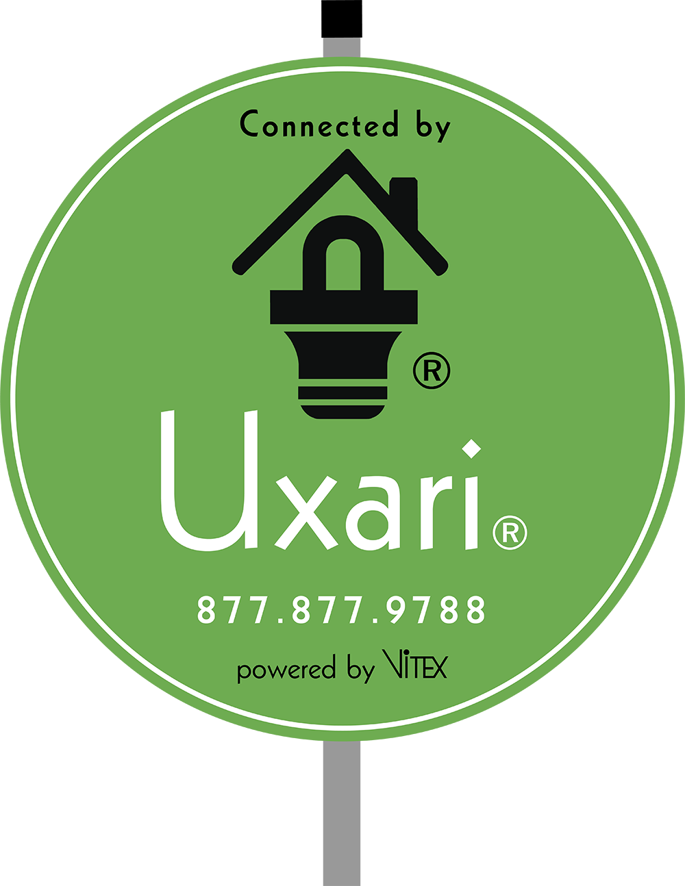 Green, rounded Uxari yard sign reading "Connected by Uxari, powered by Vitex"