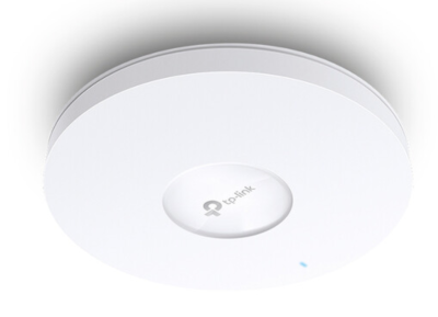 White, and rounded In ceiling WAP with grey button in the middle that reads TP-Link